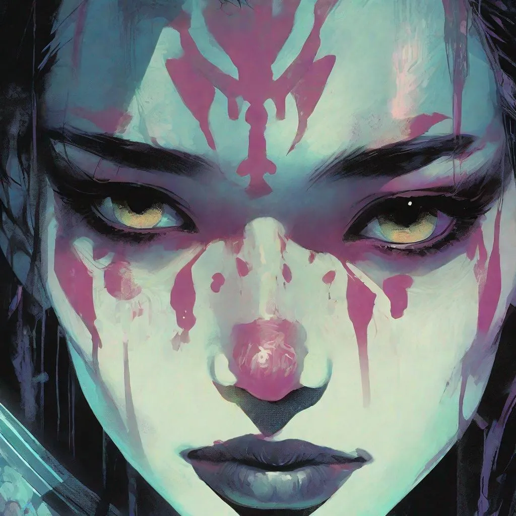 Prompt: closeup illustration of a pitch darkness portrait ,  fluorescent handprint on model's face,   serpan warrior, grunge, atey ghailan, Art by Jock,  pino daeni , art by lois van baarle and loish and ross tran , Charles Vess, Chiho Aoshima , Kay Nielsen, dark ambient, chiaroscuro, Simon Bisley, and H.R. Giger. insist artstation, art by stanley artgerm, painting by daniel f gerhartz,  art by Andrew Atroshenko, 

