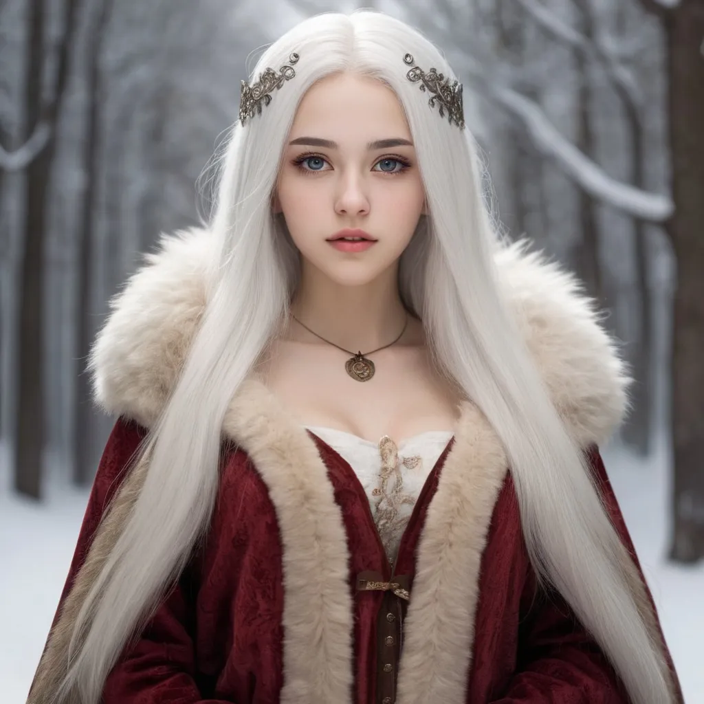 Prompt: beautiful 20 year old women with white hair, white eyebrows, light skin, realistic, ultrarealistic, high quality art, bright eyes, long hair, beauty, real, long hair, symmetrical, anime wide eyes, fair, delicate, medieval, wearing a big fur coat 