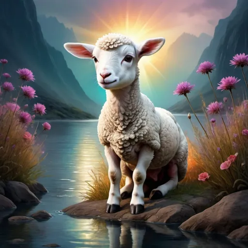 Prompt: Fantasy Realism, mesmerizing HDR highly detailed, digital art, in the style of Andy Kehoe and Luis Royo, eyes closed cute little lamb kneeling and praying by a huge wide river  and beautiful flowers on the other side of the river, sharp focus, very stylish, chiaroscuro, highly detailed, high definition, hyperrealistic, illustration, seamlessly blending watercolor and  ink elements, UHD, perfect curved line composition, cinematic, bright lighting, intricate background with vibrant ink splatters, deep faded and muted triadic colors, beyond the realm of reality, 32k, Broken Glass effect, no background, stunning, something that even doesn't exist, mythical being, energy, molecular, textures, iridescent and luminescent scales, breathtaking beauty, pure perfection, divine presence, unforgettable, impressive, breathtaking beauty, Volumetric light, auras, rays, vivid colors reflects, Broken Glass effect, no background, stunning, something that even doesn't exist, mythical being, energy, molecular, textures, iridescent and luminescent scales, breathtaking beauty, pure perfection, divine presence, unforgettable, impressive, breathtaking beauty, Volumetric light, auras, rays, vivid colors reflects