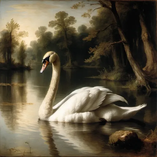 Prompt: A swan in a lake painted by Rembrandt 