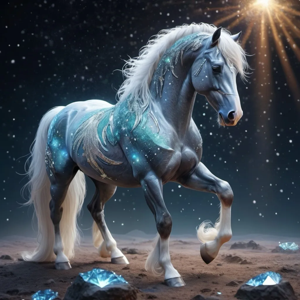 Prompt: A fantasy stallion made earth. Surrounded by glittering of tiny crystals. Twinkling. Highly detailed painting. Photorealistic. Magical atmosphere. 8k.