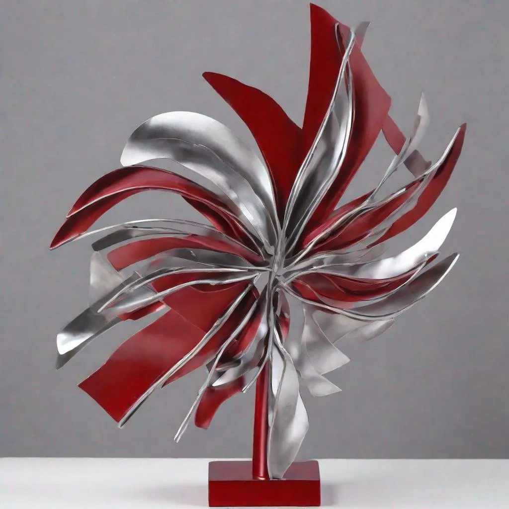 Prompt: abstract metal  tabletop sculpture, red and silver, bright solid colored background