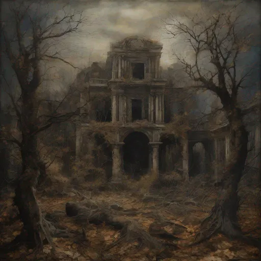 Prompt: old fantasy art, uhd, sharp, intricately detailed, old ruined city, late autumn, trees without leaves, perfect composition, dark theme, landscape, ultra-detailed environment, encaustic paint, etching, muted colors, brighter picture image,
luminism, chiaroscuro, Nicola Samori, Agostino Arrivabene, Brian Mashburn, Martin Deschambault, J.P.Targete, dark fantasy, dynamic lighting, perfect light, volumetric lighting, rim lighting, masterpiece, best quality, award winning, reflections, sharp focus, HDR, octane render