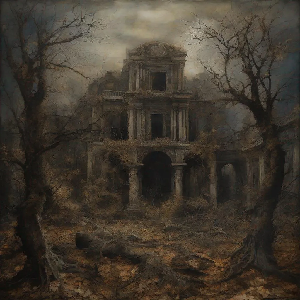 Prompt: old fantasy art, uhd, sharp, intricately detailed, old ruined city, late autumn, trees without leaves, perfect composition, dark theme, landscape, ultra-detailed environment, encaustic paint, etching, muted colors, brighter picture image,
luminism, chiaroscuro, Nicola Samori, Agostino Arrivabene, Brian Mashburn, Martin Deschambault, J.P.Targete, dark fantasy, dynamic lighting, perfect light, volumetric lighting, rim lighting, masterpiece, best quality, award winning, reflections, sharp focus, HDR, octane render