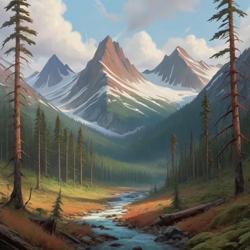 Prompt: taiga landscape, mountains, northern forest, artistic, magic the gathering art style