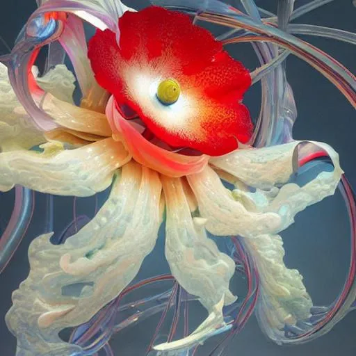 Prompt: Large blooming ((iridescent ((((lilies, white roses, poppies)))) by Fragonard, Sho Murase, Chen Su ))) indigo berry cream peach silver petals, glowing red translucent ((seed pods) by ((Noah Bradley, John Berkey)), (background theme) Twisted ancient fractal virus, glowing translucent ribbons, made of thin biological membrane, 3d textures, DNA,  infinite depth, galactic starfield, ultra realistic, high index of refraction, (bioluminescent sea angels) ((sparking fibre optic cables))((Chen Shu, J.R. Slattum, Howard David Johnson)) hyper realistic elegant smooth sharp clear edges, global illumination, smokey sky, fBm clouds, sunlight and shadows, sharp focus, wide angle perspective, cinematic, ultra realistic, sense of high spirits, electrical tension, sparks, global illumination, volumetric fog, volumetric lighting, occlusion, Houdini 128K UHD fractal, pi, fBm