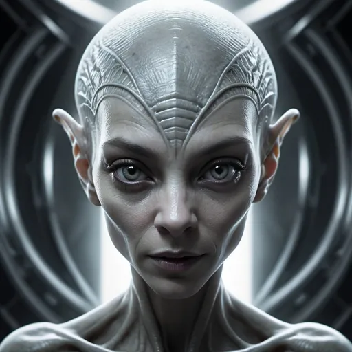 Prompt: Portrait of a female alien, intricate design, sinister aura, intended for a movie poster, employing the grey ratio for visual appeal, staged character rendering to convey narrative, bright elements highlighting details, super high quality for an intense, cinematic visual impact.