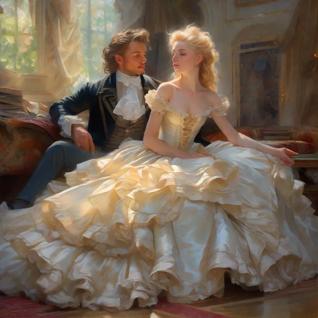 Prompt: fantasy couple, male and female. a beautiful young blonde woman sitting on the floor surrounded by the skirt of her magnificent voluminous beautiful ruffled rococo ostentatious ballgown, god-rays, bokeh, beautifully lit, gouache by Daniel Ridgway Knight and daniel gerhartz, very detailed, beautiful composition, depth of field, blurred background, whimsicial, figurative, twee, trending, stunning, masterpiece, ultra hd, realistic, vivid colors, highly detailed, UHD drawing, pen and ink, perfect composition, beautiful detailed intricate insanely detailed octane render trending on artstation, 8k artistic photography, photorealistic concept art, soft natural volumetric cinematic perfect light