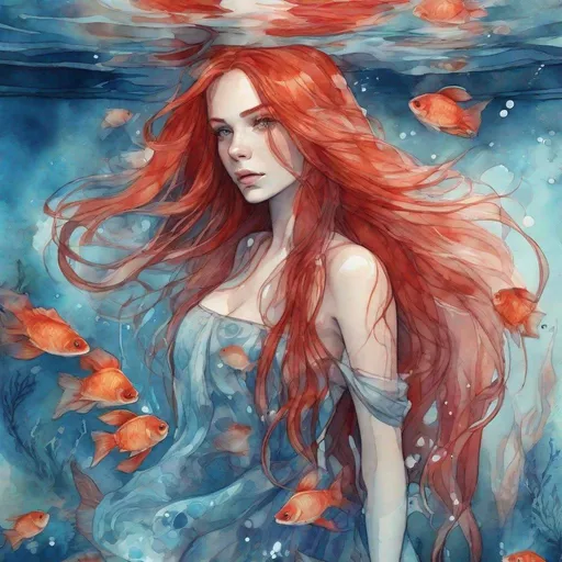 Prompt: beautiful girl, long red hair, light dress, swimming underwater, bright fish, fantastic underwater world, water art, fantasy, Julia Bell style, voluminous watercolor, finest ink drawing, clear contours, realistic, 1024k