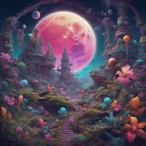 Prompt: 
moon on a strange planet, trending on Artstation, psychedelic art, ultra detailed illustration, intricate vibrant colors, epic illustration, terence mckenna, cute detailed digital art orchider flower, delicate, beautiful, Epic cinematic brilliant stunning intricate meticulously detailed dramatic atmospheric maximalist digital matte painting"