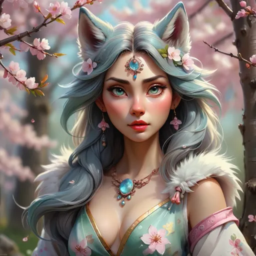 Prompt: Fully Clothed Portrait of alluring fantasy (wolf goddess in spring) in photorealistic quality in magical environment, furry tail, cherry blossoms; highly stylized face and tail portrait fantastically intricate detailed extremely complex art masterpiece by Thomas Kinkade by Ismail Inceoglu trending on Instagram HARDWARE Photographic Art Direction WLOP 5 realistic body centered, anime Character Design, Unreal Engine, Beautiful, Tumblr Aesthetic,  Hd Photography, Hyperrealism, Beautiful Watercolor Painting, Realistic, Detailed, Painting By Olga Shvartsur, Svetlana Novikova, Fine Art