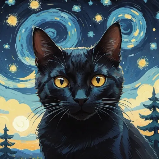 Prompt: (((Intricate details))), (((highest quality))), (((extreme detail quality))), (((complex composition))); Art print inspired by Vincent Van Gogh's 'The Starry Night' featuring a playful black cat; Van Gogh Cat Poster for unique and charming home decor; Incorporate the essence of 'The Starry Night' with a feline twist; Utilize a rich color palette reminiscent of Van Gogh's iconic style; Ensure intricate details in both the cat and the starry background; Perfect as a funny and delightful gift for cat lovers; Create a visually engaging and humorous cat print; Opt for a font that complements the whimsical theme; Draw inspiration from Van Gogh's expressive brushstrokes; Craft a print that adds artistic and playful flair to any living space, acrylic painting, trending on pixiv fanbox, palette knife and brush strokes, style of makoto shinkai jamie wyeth james gilleard edward hopper greg rutkowski studio ghibli genshin impact