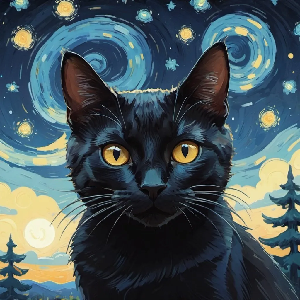 Prompt: (((Intricate details))), (((highest quality))), (((extreme detail quality))), (((complex composition))); Art print inspired by Vincent Van Gogh's 'The Starry Night' featuring a playful black cat; Van Gogh Cat Poster for unique and charming home decor; Incorporate the essence of 'The Starry Night' with a feline twist; Utilize a rich color palette reminiscent of Van Gogh's iconic style; Ensure intricate details in both the cat and the starry background; Perfect as a funny and delightful gift for cat lovers; Create a visually engaging and humorous cat print; Opt for a font that complements the whimsical theme; Draw inspiration from Van Gogh's expressive brushstrokes; Craft a print that adds artistic and playful flair to any living space, acrylic painting, trending on pixiv fanbox, palette knife and brush strokes, style of makoto shinkai jamie wyeth james gilleard edward hopper greg rutkowski studio ghibli genshin impact