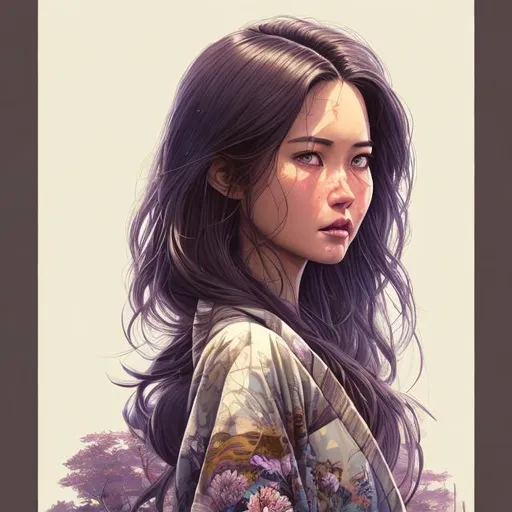 Prompt: illustration photographic front view, looking from below,
 
masterpiece intricate hyperdetailed best quality flat color pastel mix pencil sketch Olivia Munn, melancholy beautiful woman cheerful hopeful and anxious, standing on grass valley, black fluffy hair, hyperdetailed, wearing purple kimono, detailed face, brown eyes, tan skin, by Ilya Kuvshinov and Yoji Shinkawa 

scenic view landscape 2D flat color gigantic abyss hole vector background, action shot, extreme long shot wide view, full frame wide angle,

sunshine, blue sky, cinematic lighting,

precise hard pencil strokes, thick and hard pencil outline,

hyperdetailed 2D vector concept art picture, vector, illustration, character concept,

2D fantasy concept art style, inspired by final fantasy art, adventure, inspiring, colorful, heroic fantasy art,