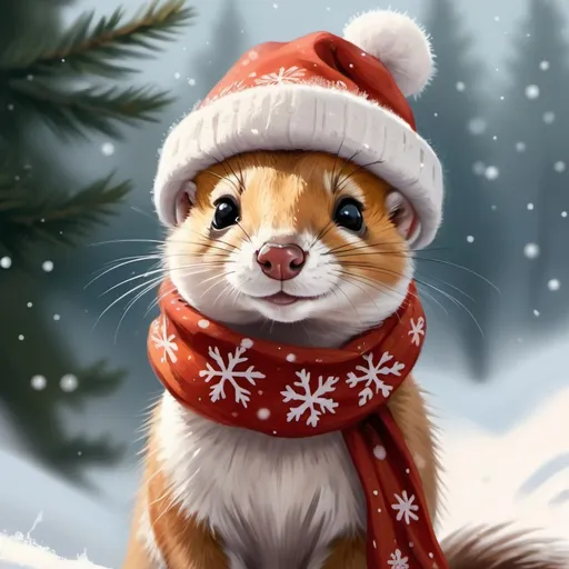 Prompt: Snowy scene of a small charming weasel in a festive scarf and Christmas hat, gentle snowfall, cozy and heartwarming atmosphere, detailed fur with soft textures, winter wonderland setting, high quality, digital painting, festive colors, soft lighting, small charming weasel, snowy scene, festive scarf, Christmas hat, gentle snowfall, cozy atmosphere, heartwarming, detailed fur, winter wonderland, high quality, digital painting, festive colors, soft lighting