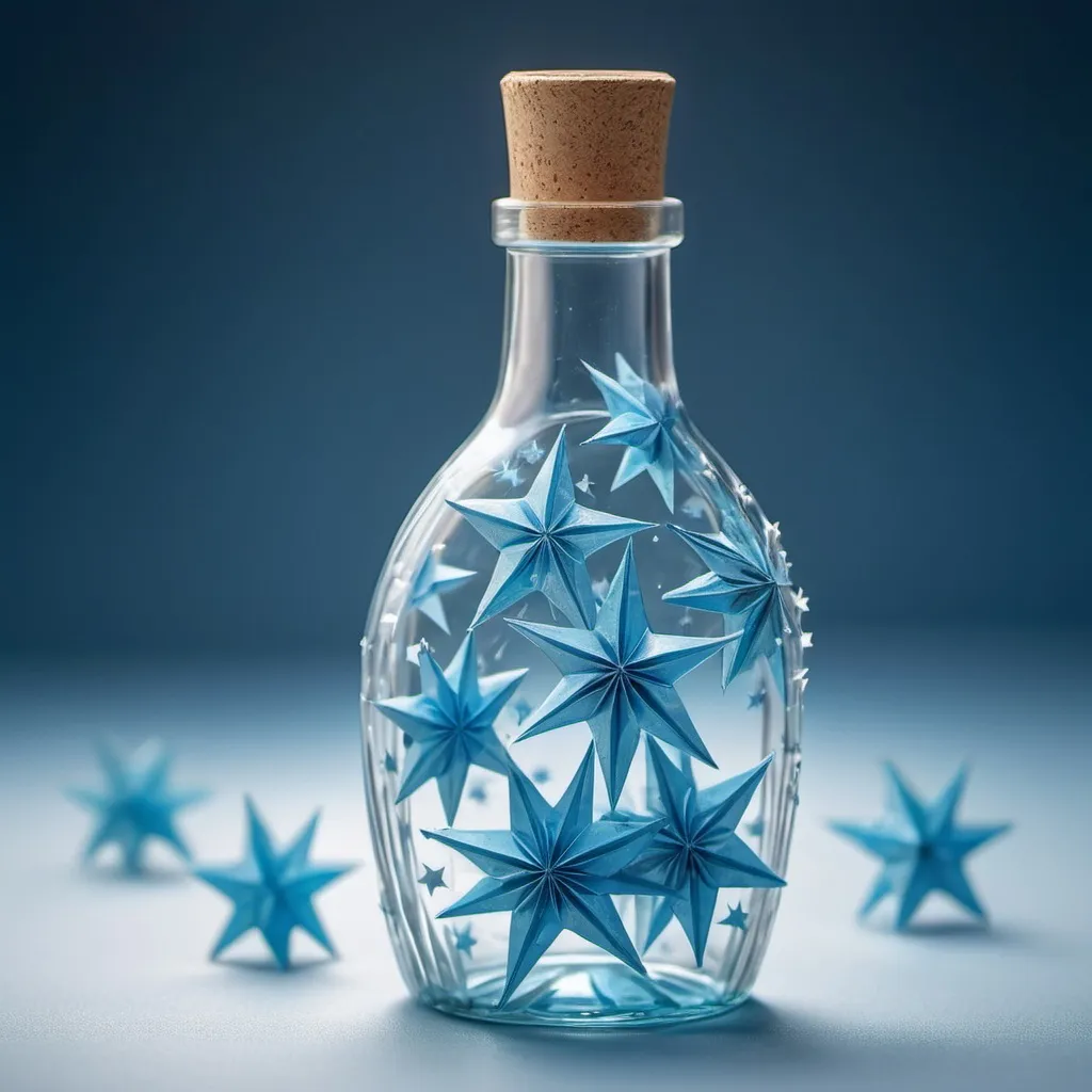 Prompt: A transparent and beautiful bottle contains several light blue paper stars, in an abstract and poetic artistic style., Miki Asai Macro photography, close-up, hyper detailed, trending on artstation, sharp focus, studio photo, intricate details, highly detailed, by greg rutkowski