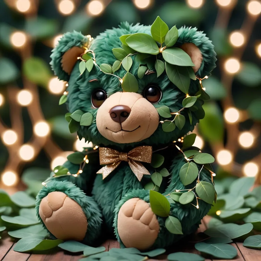 Prompt: A cute teddy bear made up of dark green leaves and twinkle lights perfect for profile picture