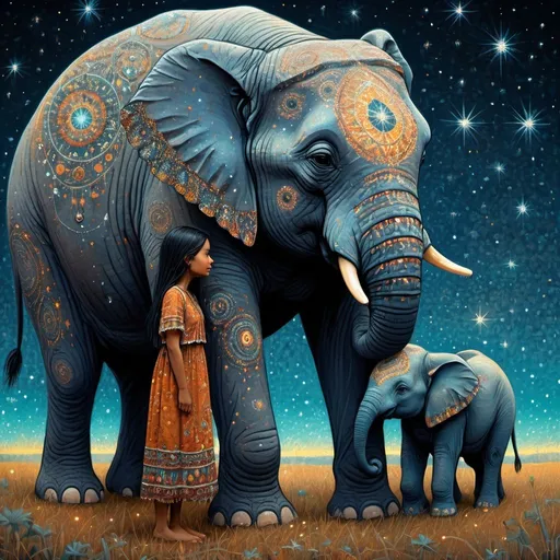 Prompt: The native american pretty girl wearing her starry clothes with her cute elephant friend. In style of james r eads,  Sam Toft, Anna dittmann, Justin Gaffrey, John Lowrie Morrison, Patty Maher, John Ruskin, Chris Friel, van Gogh. 3d, extremely detailed, intricate cinematic lighting, high definition 