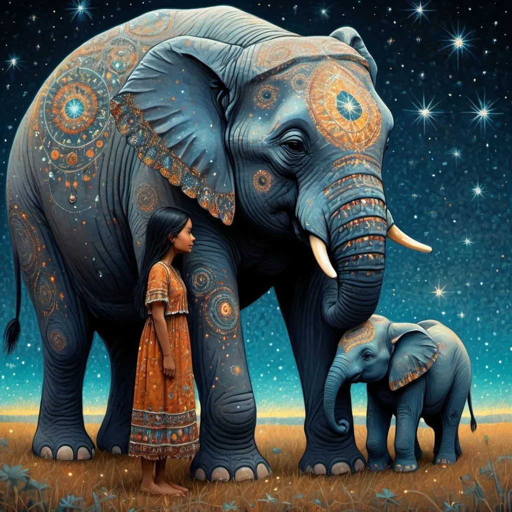 Prompt: The native american pretty girl wearing her starry clothes with her cute elephant friend. In style of james r eads,  Sam Toft, Anna dittmann, Justin Gaffrey, John Lowrie Morrison, Patty Maher, John Ruskin, Chris Friel, van Gogh. 3d, extremely detailed, intricate cinematic lighting, high definition 