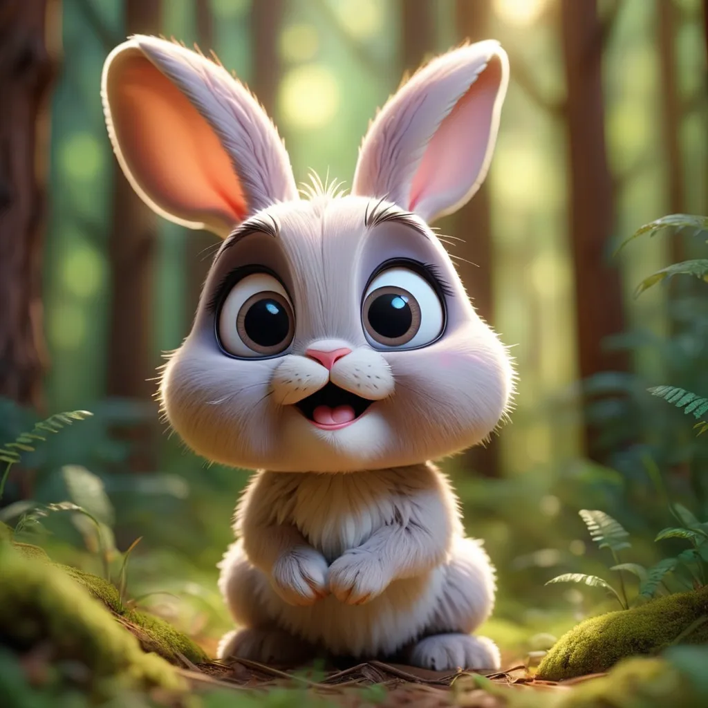 Prompt: Disney Pixar style cute rabbit, highly detailed, fluffy, intricate, big eyes, adorable, beautiful, soft dramatic lighting, light shafts, radiant, ultra high quality octane render, daytime forest background,bokeh, hypermaximalist