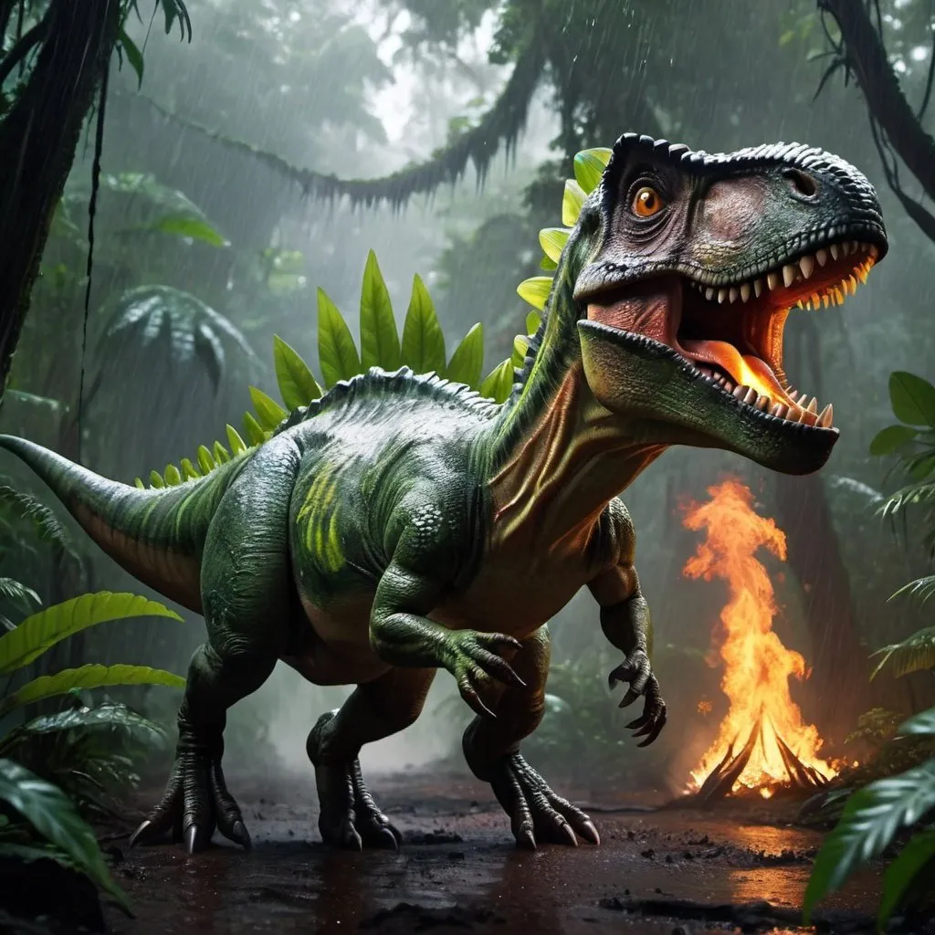 Prompt: adventure DINO Movie realistic running on the rainforest with rain and fire around her