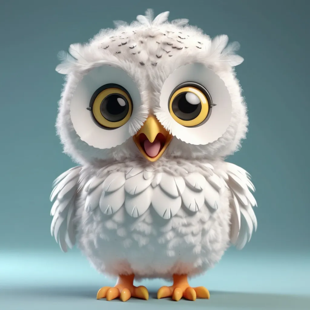 Prompt: Create a cute and fluffy Owl chick with cute eyes, and white feathers looking in front of the camera and smiling in 3D