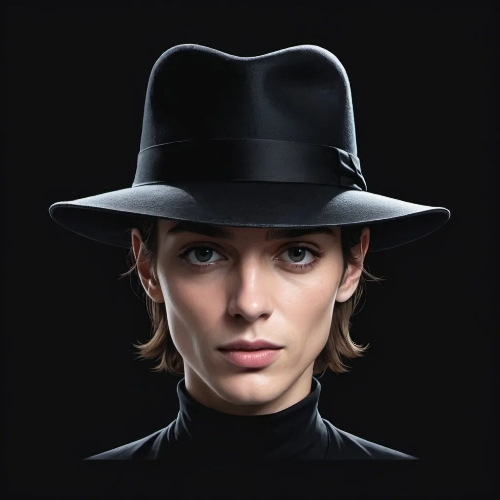 Prompt: french celebrity, illustration, 2d, black flat background, flat image, mysterious aura, face, flat face, upper body, french hat, french look