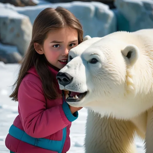 Prompt: a girl petting at polar bear

