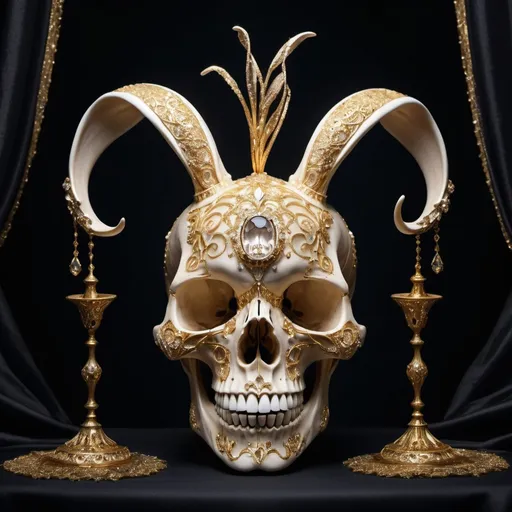 Prompt: featuring a surreal and opulent display of a rabbit skull adorned with countless gold and diamond embellishments. Envision intricate patterns of gold filigree intertwined with sparkling diamonds,  covering every curve and crevice of the skull. The eye sockets are filled with shimmering gemstones,  casting a mesmerizing glow from within. Surrounding the adorned skull,  visualize an aura of mystique and extravagance,  with cascading silk drapes and flickering candlelight adding to the surreal ambiance. This juxtaposition of the delicate and the macabre creates a captivating and visually striking portrayal of luxury and extravagance.", glitt3r, art_booster,