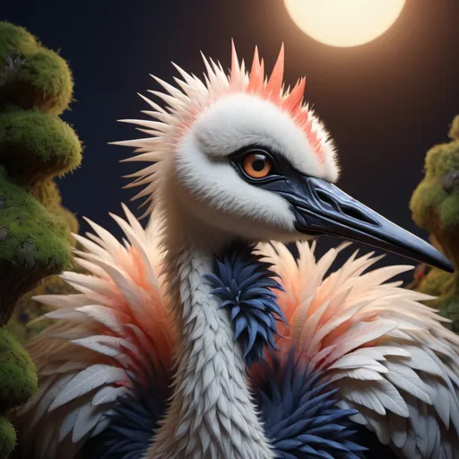 Prompt: SFW, landscape, 3 / 4 view, wide view, 7 "colorful, mean, proud, super massive, obese, baby crane", with a halo", glowing, realistic, spiked hair, fluffy, silky, furry, backlit, warm tones, night-sky, moss, indigo, cream, coral, bone-white, photorealistic eyes, ornate, dynamic, particulate, intricate, elegant, highly detailed,  airbrush, acrylic on paper, volumetric lighting, occlusion, smooth, sharp focus, 128K UHD octane render, w more detail, ultra realistic, insane detail, cinematic