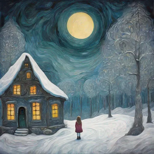 Prompt: An incredibly winter mystical landscape about a lonely mysterious house in a night forest on a moonlit night and a little girl in front of it, in the style of an original painting that organically combines the styles of Gustav Klimt, Van Gogh and Edvard Munch, but also adds its original contribution to the style. Interesting well-chosen and well-combined colors, high clarity and contrast of the picture fragments, oil painting, heavy brush strokes, imitation of handwork, a masterpiece of painting, Broken Glass effect, no background, stunning, something that even doesn't exist, mythical being, energy, molecular, textures, iridescent and luminescent scales, breathtaking beauty, pure perfection, divine presence, unforgettable, impressive, breathtaking beauty, Volumetric light, auras, rays, vivid colors reflects, Broken Glass effect, no background, stunning, something that even doesn't exist, mythical being, energy, molecular, textures, iridescent and luminescent scales, breathtaking beauty, pure perfection, divine presence, unforgettable, impressive, breathtaking beauty, Volumetric light, auras, rays, vivid colors reflects