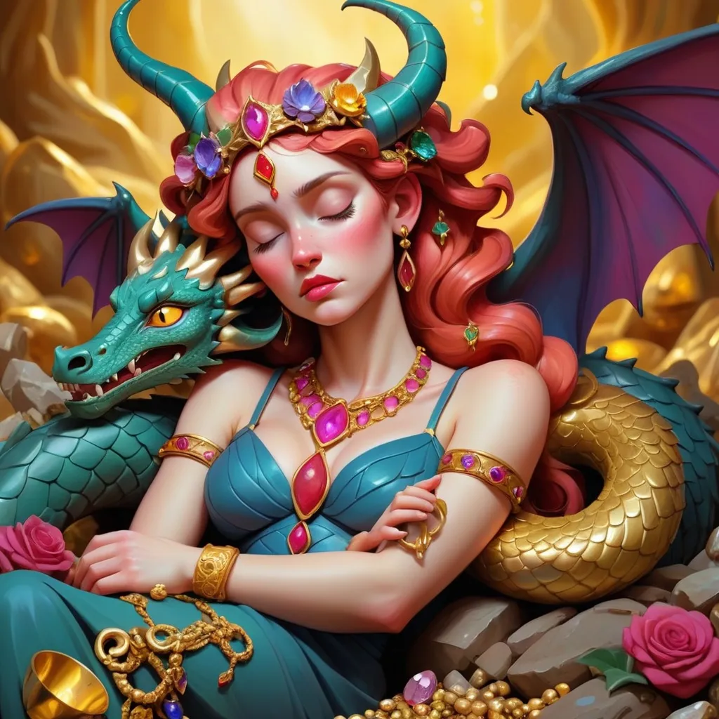 Prompt: A colourful and beautiful Persephone with dragon horns and scales, sleeping on a pile of gold and jewels in a painted style