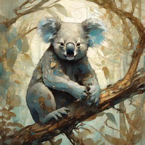 Prompt: ancient Koala,  highly detailed, intricate motifs, organic tracery, perfect composition, digital painting, artstation, concept art, smooth, sharp focus, illustration, Carne Griffiths, pixar, Victo ngai, Jean Baptiste Monge, shiny aura, old but robust, bright but deep 