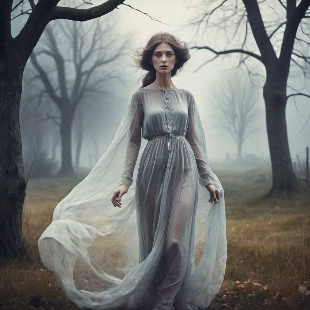 Prompt: The very beautiful diaphanous lady Ghost Art by Anka Zhuravleva, Sandy Welch, Jane Small, Aliza Razell, Eduard Veith, Joel Robison, Mikhail Vrubel, Ferdinand Hodler, Christoffer Relander, William Timlin, Charles Rennie Mackintosh, John Lowrie Morrison, Sidney Nolan. 3/4 portrait, Haunted foggy Village landscape background, 3d, Volumetric lighting, mixed media, Best quality, crisp quality. cinematic lighting beautiful poster award winning fantastic view close up ultra detailed hdr focused