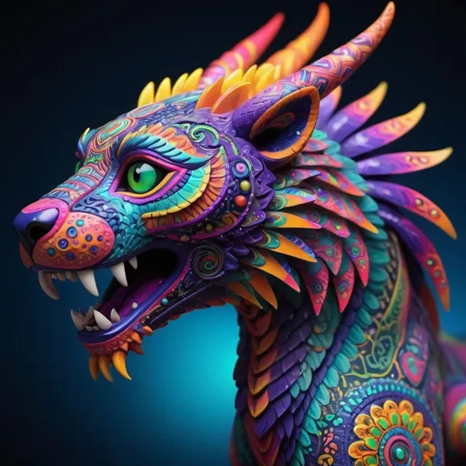 Prompt: Neon-colored alebrije resembling a dragon-panther fusion with intricate Aztec and Mayan detailing, 8k digital animation, depicting a creature with a magical zoological twist, infused with iridescent and luminescent scales, textures that hint at molecular phenomena, volumetric light casting ethereal auras and rays, colors so vivid they reflect like broken glass, set in a space of pure nothing