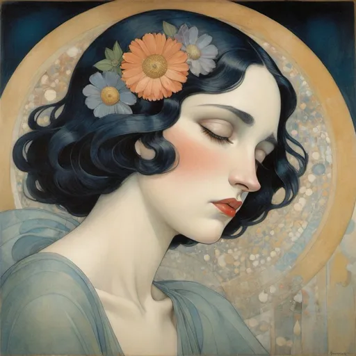 Prompt: She lingers, a sad specter in a shallow world, such a beautiful solitary figure, whose soul has grown to turn cruel and unkind, existence, a burden she cannot bear anymore, Mark Brooks, Gerda Wegener, Margaret Macdonald Mackintosh, Didier Lourenco, Malcolm Liepke, James Rizzi