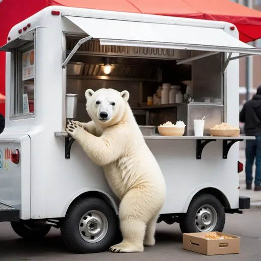 Prompt: Cute polar bear cub working in a food truck