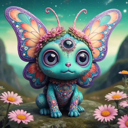 Prompt: soft and flowery fantasy creature in a bohemian, mystical, and eerie landscape, detailed eyes, vibrant colors, intricate patterns, highres, celestial, retro, chibi, flying magic insects, kawaii, whimsical, intricate patterns, vibrant colors, best quality, highres, mystical, eerie, bohemian, detailed eyes, retro, chibi, celestial, vibrant colors, intricate patterns, magic