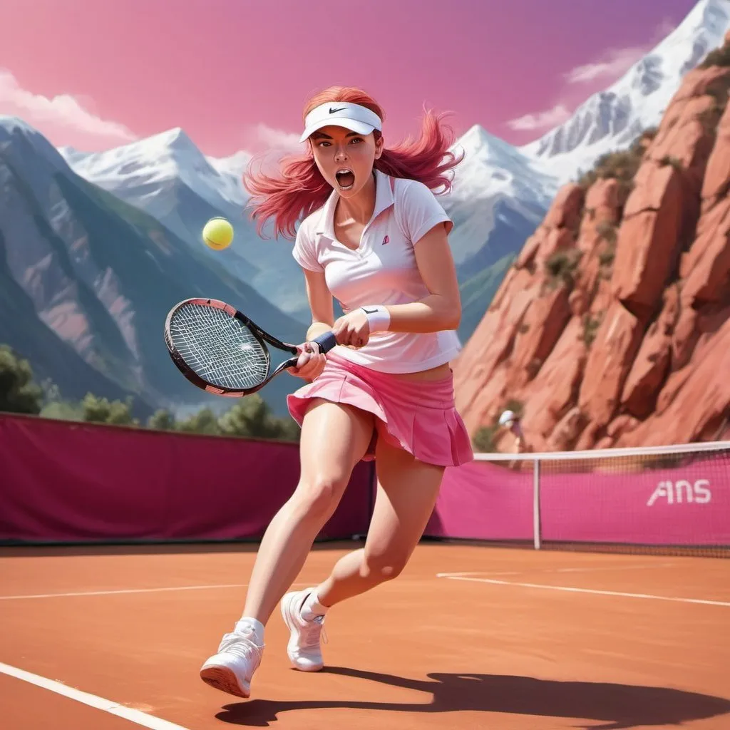 Prompt: full body shot, a tennis player in action, wear cap ,capturing the dynamic motion and energy of the game, smash,
a cute girl, 20years old, PinK, red hair, background , digital painting
background mountain,just one racket,one ball