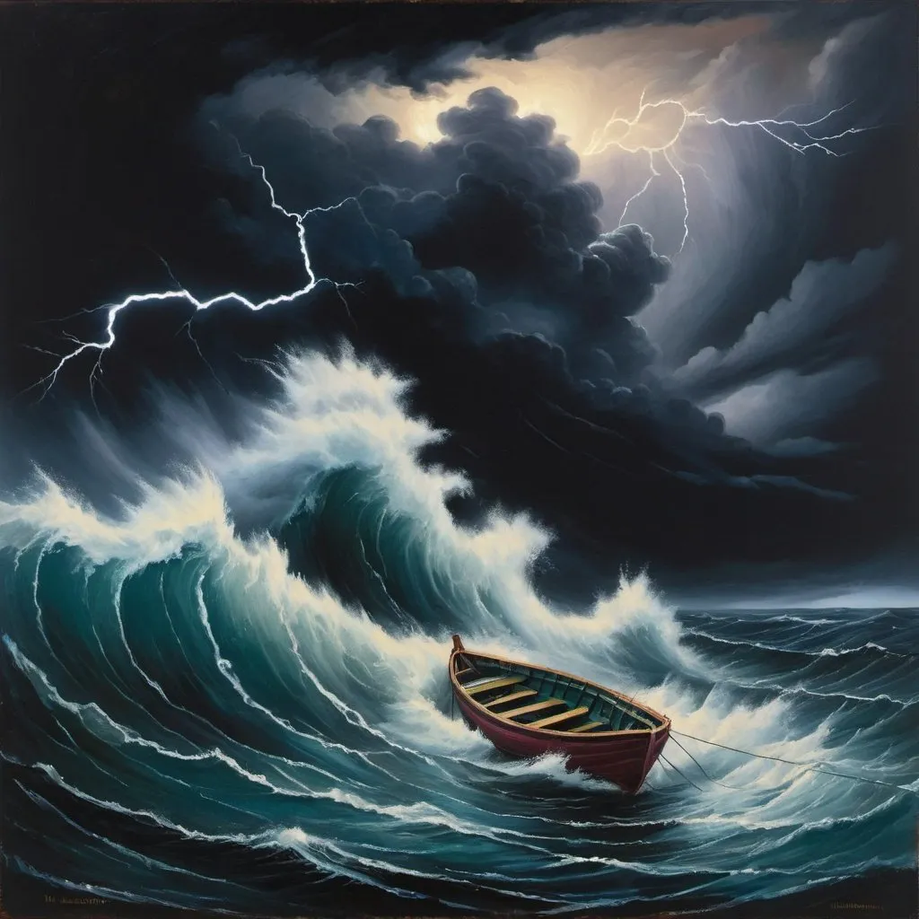 Prompt: Painting of storm on the ocean, huge waves, dark, intense, bold colors, small row boat in storm 2 men in the boat, lightning, boat capsizing