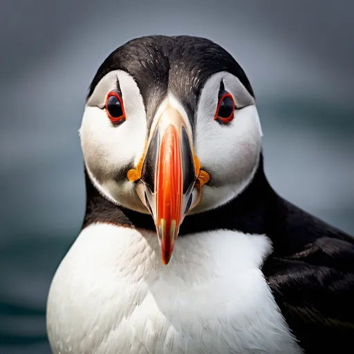 Prompt: an image of a puffin looking at itself, in the style of moody colors, post processing, marine painter, 32k uhd, emotive portraiture, symmetrical asymmetry, soft-focused realism  --ar 85:128 --v 6.0 --style raw