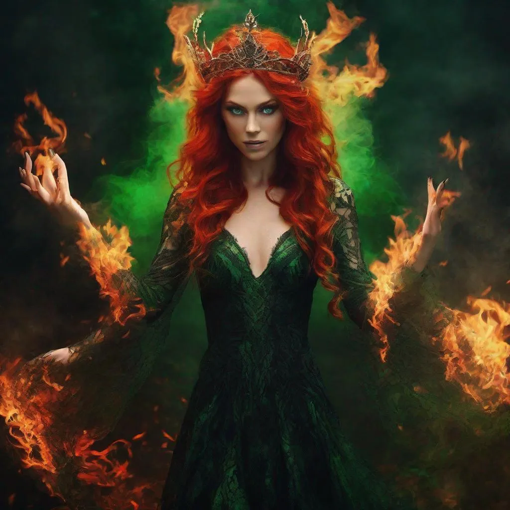 Prompt: Fire goddess in black dress, red hair, green eyes, mythical background,  elemental goddess, crown of fire, fire in her hands,   mythical, fire elemental,  detailed red hair, intense clear green eyes, black beautifull gown of lace, atmospheric lighting