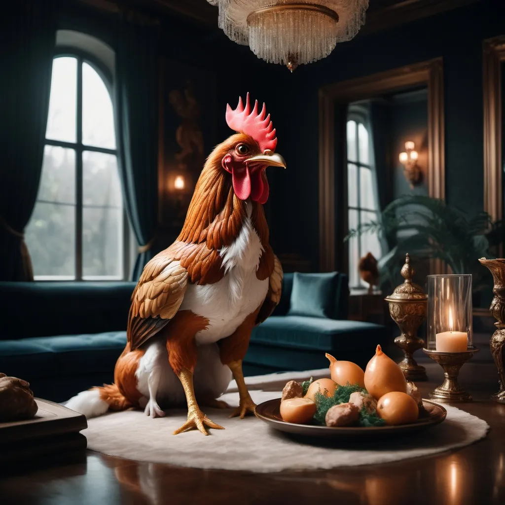 Prompt: impressive luxury residence combining the styles of metaphorical chicken and mystical fox, professional photography, cinematic lighting, unsplash