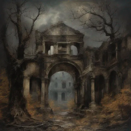 Prompt: old fantasy art, uhd, sharp, intricately detailed, old ruined city, late autumn, trees without leaves, perfect composition, dark theme, landscape, ultra-detailed environment, encaustic paint, etching, muted colors, brighter picture image,
luminism, chiaroscuro, Nicola Samori, Agostino Arrivabene, Brian Mashburn, Martin Deschambault, J.P.Targete, dark fantasy, dynamic lighting, perfect light, volumetric lighting, rim lighting, masterpiece, best quality, award winning, reflections, sharp focus, HDR, octane render