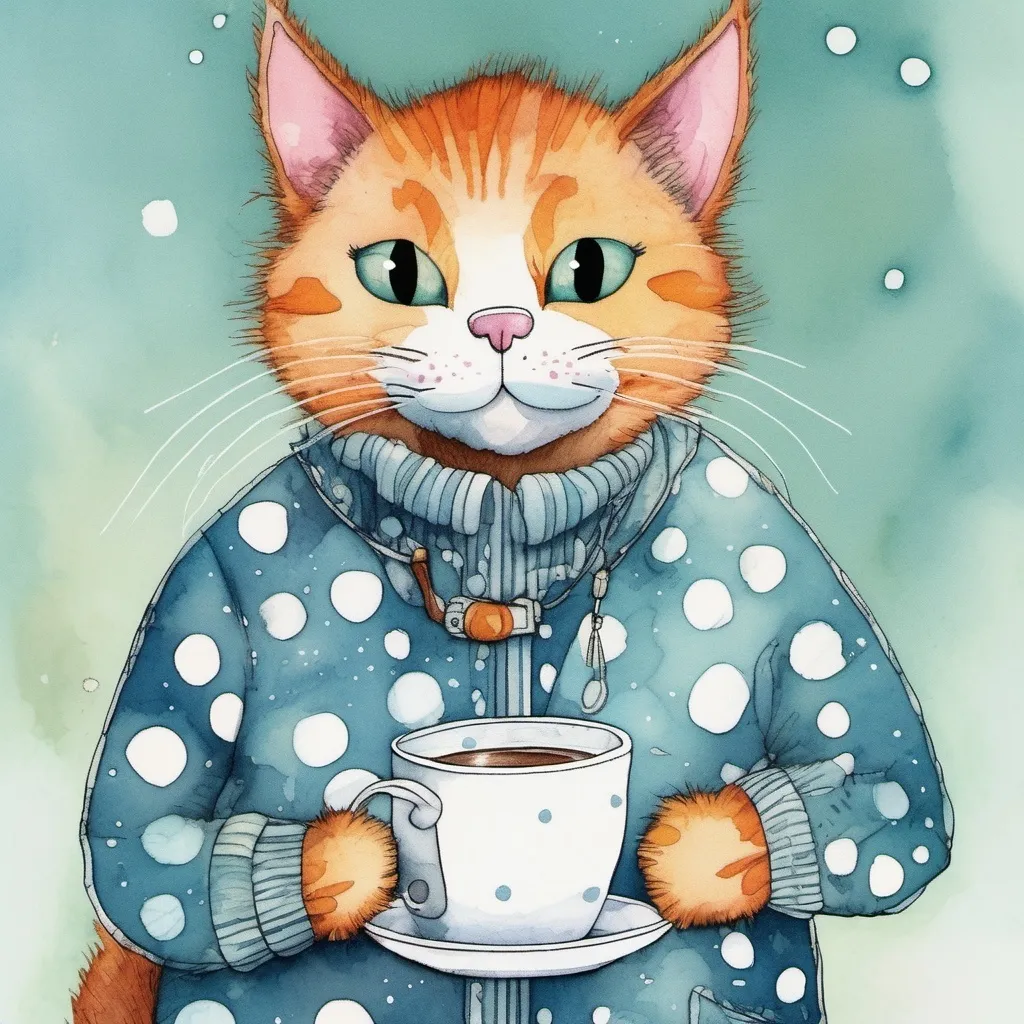 Prompt: A single polka dot cat holding a cup of hot coffee, Dr. Seuss aesthetic, children's book illustration, patchwork, very many polka dots, cartoonish cat highly detailed extremely detailed illustration studio lighting award winning crisp quality very cute watercolor line art coherent muted color scheme