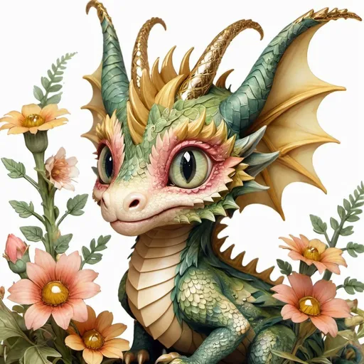 Prompt: Analog Style, Close Up Cute And Adorable Forest Dragon, hieronymus bosch
 , Filigree, Long Striped Tail, Reflective Eyes, Blushing, Flowers, Rim Lighting, Lights, Extremely Fluffy, Detailed Eyes. Magic,  Golden Ratio, Intricate, Trending On Artstation, Highly Detailed, Ultra High Quality Model, Story Book Style, Muted Colors, Watercolor Style