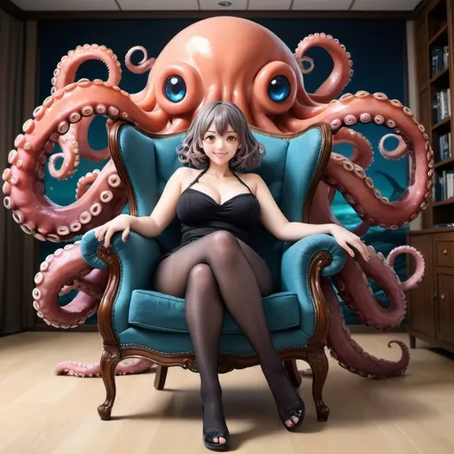 Prompt: anime art,front view,curvaceous,full-length,sitting in an armchair,leg-spread,posing,random shapeless amorphous background,in the background behind the chair are 2 large octopus monsters,tentacles,playful face,smile,general plan,pro-photo,8k,FHD,clear face,high quality,hyperdetalization