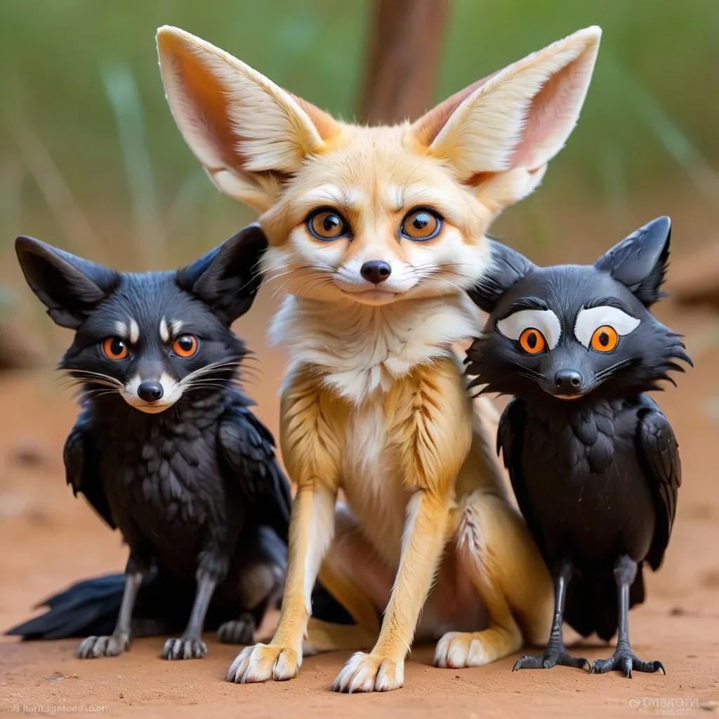 Prompt: fennec fox, raccoon and crow all sat together 