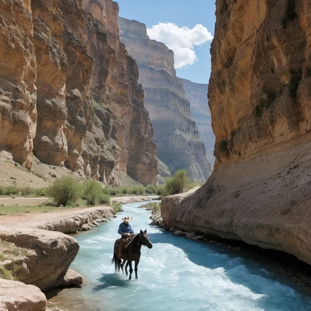 Prompt: A shalow azur River flowing through a canyon and a horse with a cowboy on it drinking from the river