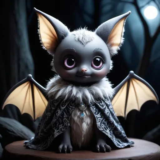 Prompt: a captivating image featuring a cute creature with plush, fluffy fur that's soft to the touch. Its eyes, pierce through the darkness with an otherworldly allure. This charming being boasts intricate bat wings, each membrane adorned with unique patterns that glisten in the soft moonlight. a mystical world, where fantasy and reality coexist. The atmosphere is a blend of magic and mystery, shrouding the creature in an aura of bewitching charm. Soft, ethereal lighting 